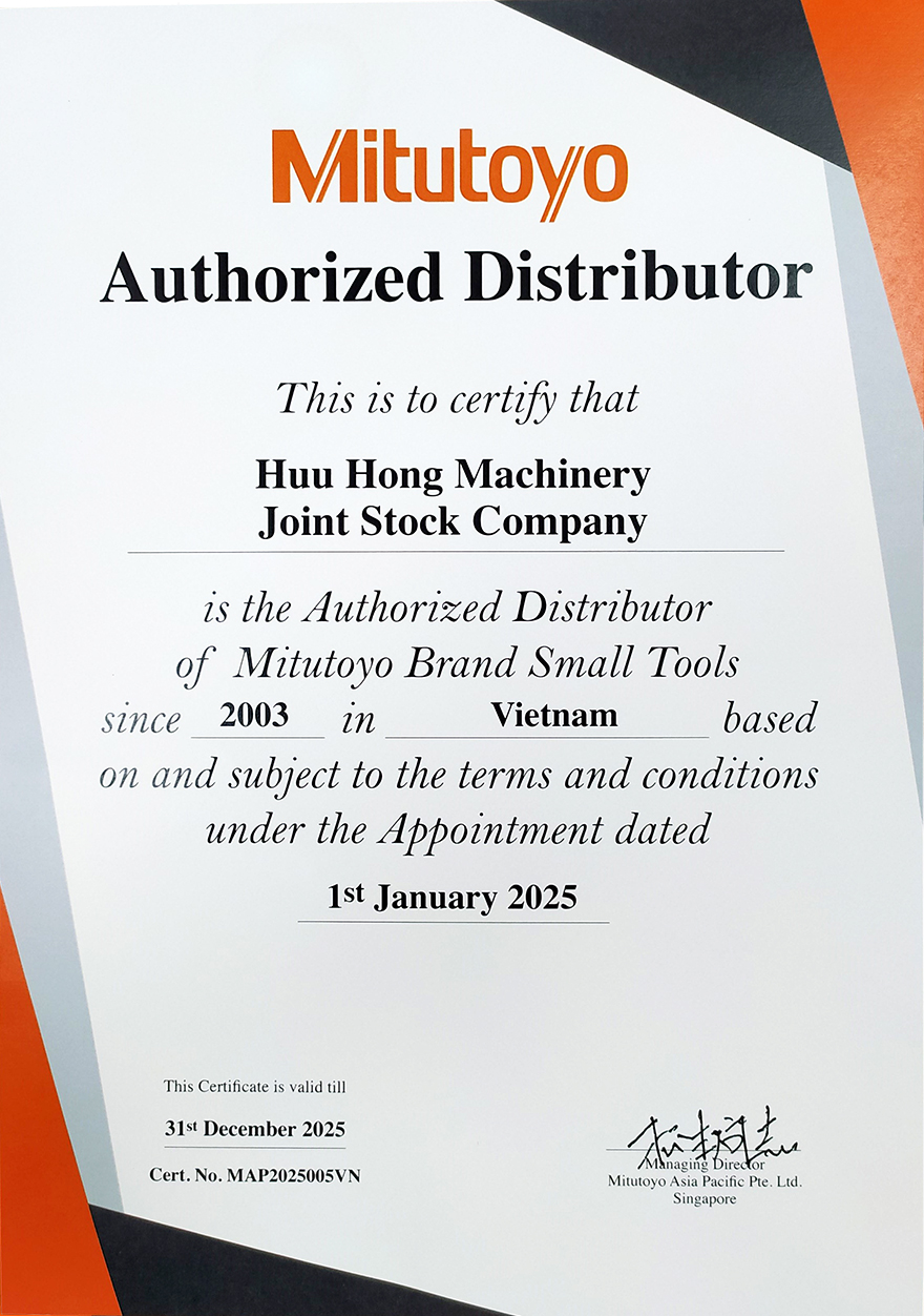  Giấy chứng nhận Hữu Hồng là nhà phân phối chính hãng Mitutoyo