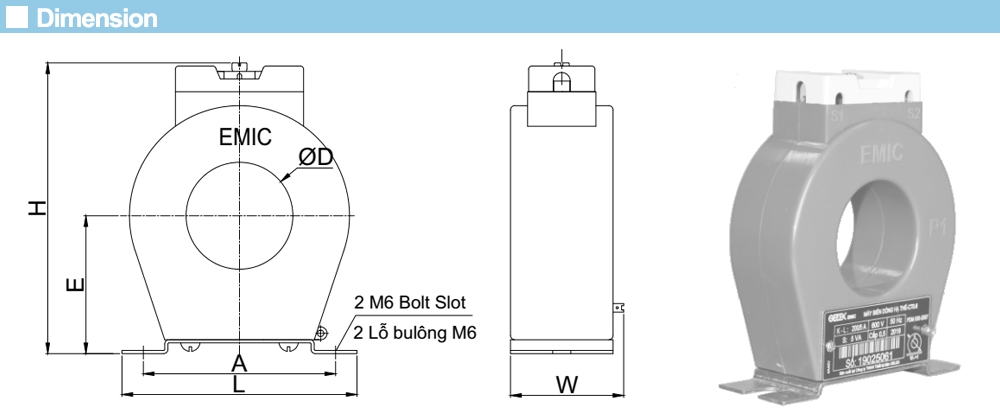 Kích thước Biến dòng Emic CT0.6 150/5A